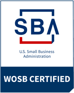 Logo for U.S. Small Business Administration with "SBA" in bold text, followed by "WOSB Certified," indicating certification for Women-Owned Small Businesses. This footer icon represents dedication and support to women entrepreneurs.