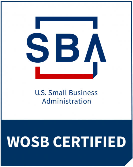 Logo for U.S. Small Business Administration with "SBA" in bold text, followed by "WOSB Certified," indicating certification for Women-Owned Small Businesses. This footer icon represents dedication and support to women entrepreneurs.