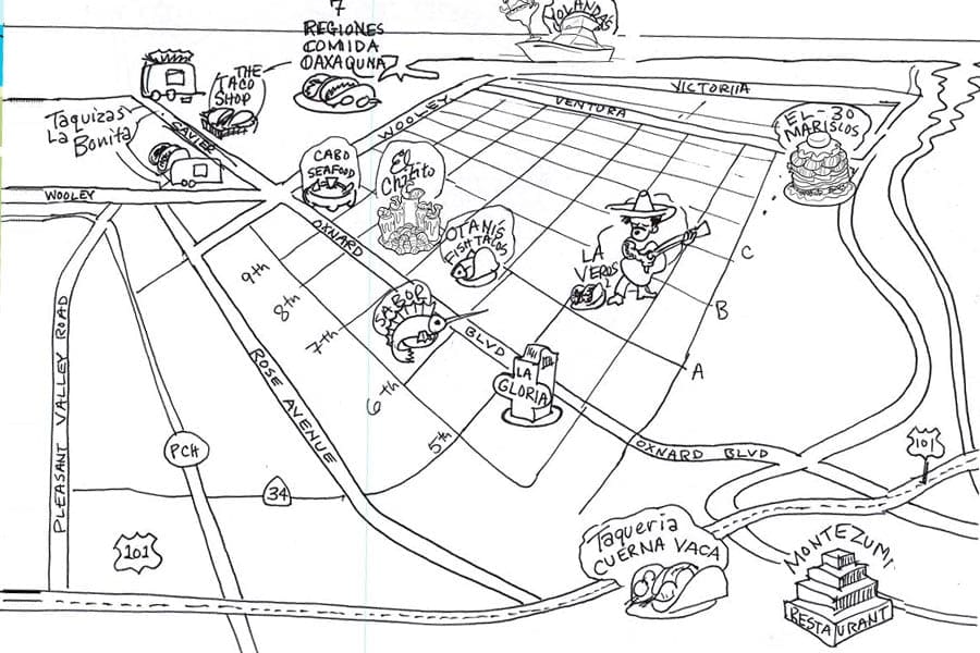 'Oxnard Taco Trail' illustrated rough draft sketch