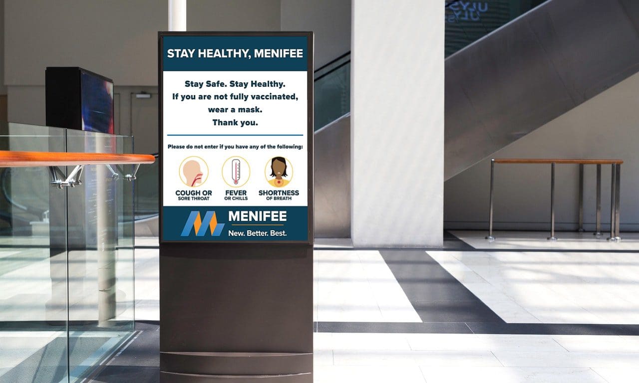 Menifee COVID Lobby Signage Design Rendering: COVID signage for City of Menifee, depicted in a large, gloss, well-lit office lobby