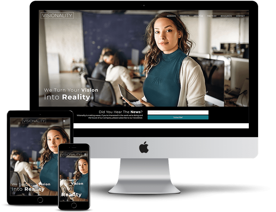 The Rendering: The Visionality Partners website is displayed on an iMac, iPad and iPhone