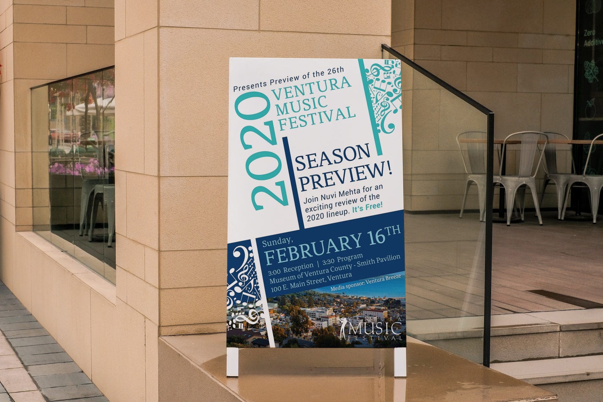 Rendering: VMF sandwich board, in an upscale tiled courtyard