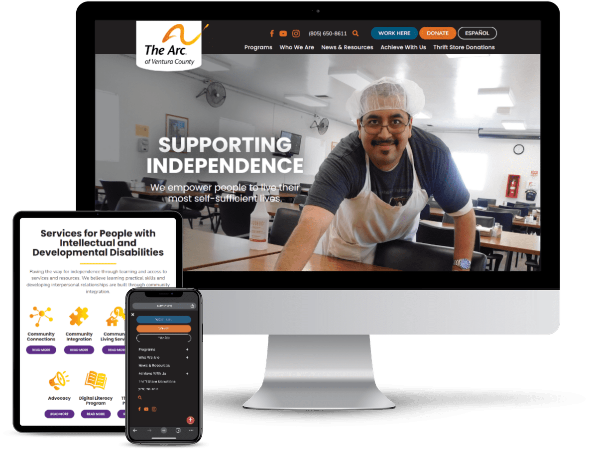 The Arc of Ventura County Responsive Website Design The Arc of Ventura County Website Design Shown on Multiple Devices