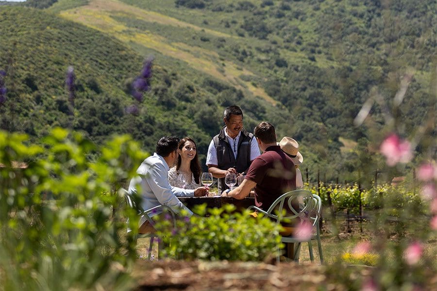ExploreLompoc_SanfordWinery_051823_DW_IMG_5884 Four people seated at an outdoor table enjoy a wine tasting, with a server standing beside them. The setting is lush and green with rolling hills and vibrant flowers in the foreground, perfect for capturing memorable photos and videos.