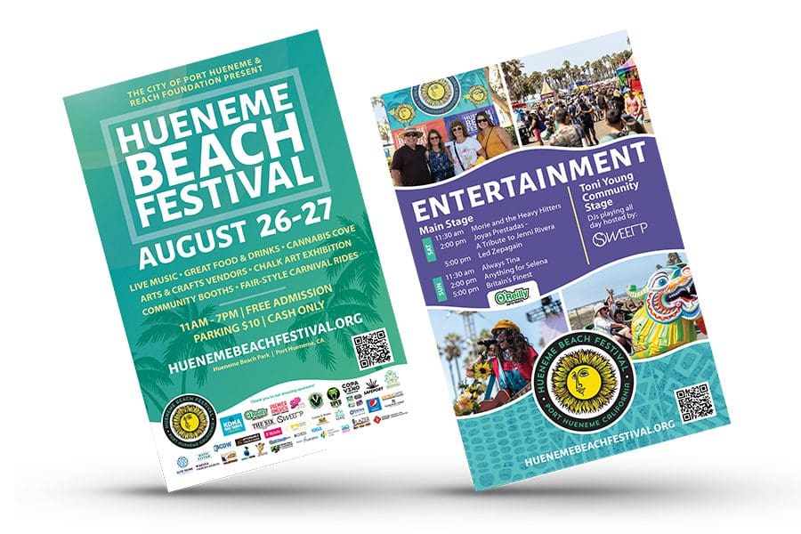 HBF23_Flyer Two promotional posters for the Hueneme Beach Festival detailing event dates, location, entertainment, food options, and activities. Includes vibrant images, event logos, and contact information.