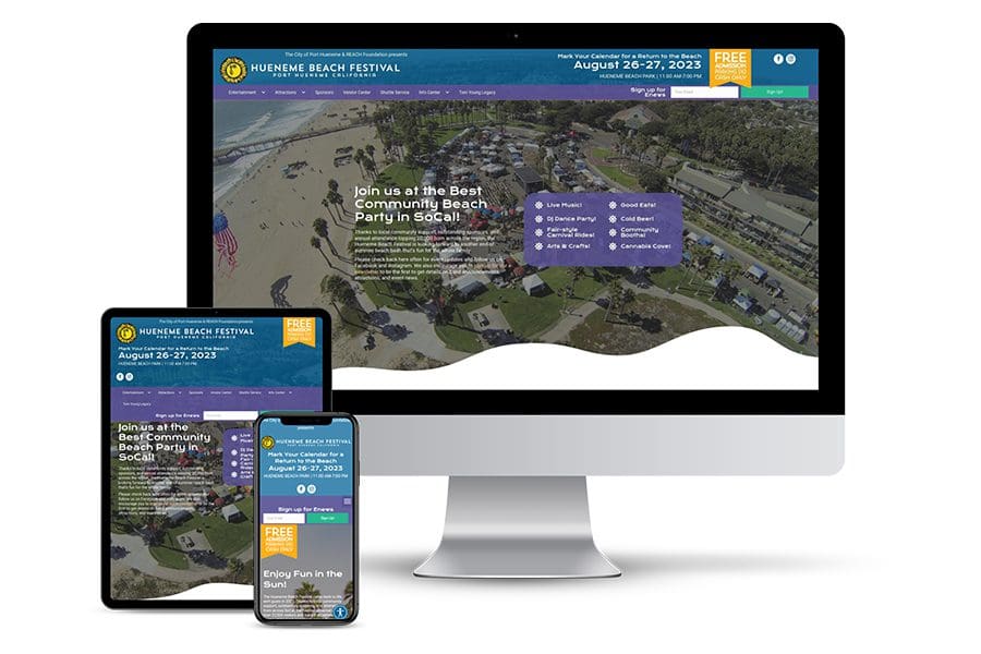 HBF23_Website_All The website for the Hueneme Beach Festival is displayed on a computer monitor, tablet, and smartphone, showcasing festival details, dates, and a map of the beach layout.