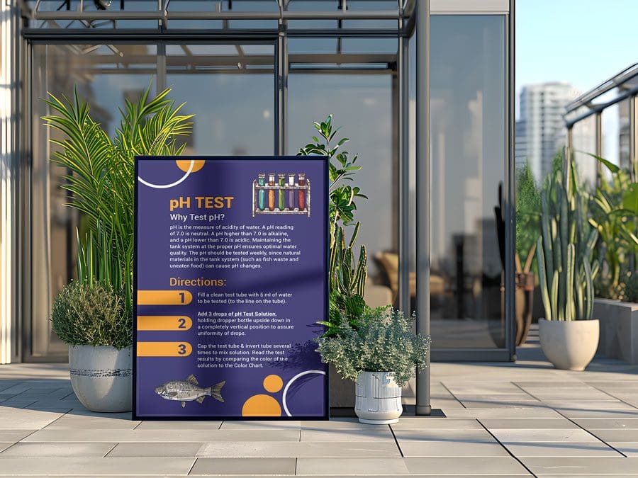 SaaliyasRanch_Mockup_Outdoors1 Instructional sign for a pH Test displayed outdoors near the Sa’aliyaš Ranch greenhouse, surrounded by various potted plants.