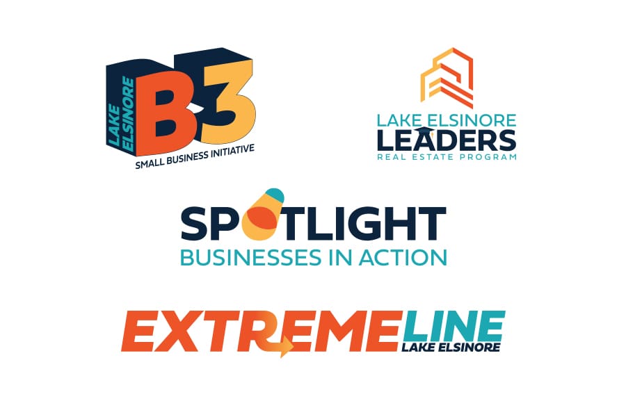 LEED_Portfolio_01 Four logos: B3 Lake Elsinore Small Business Initiative, Lake Elsinore Leaders Real Estate Program, Auxiliary Spotlight Businesses in Action, and Extreme Line Lake Elsinore.