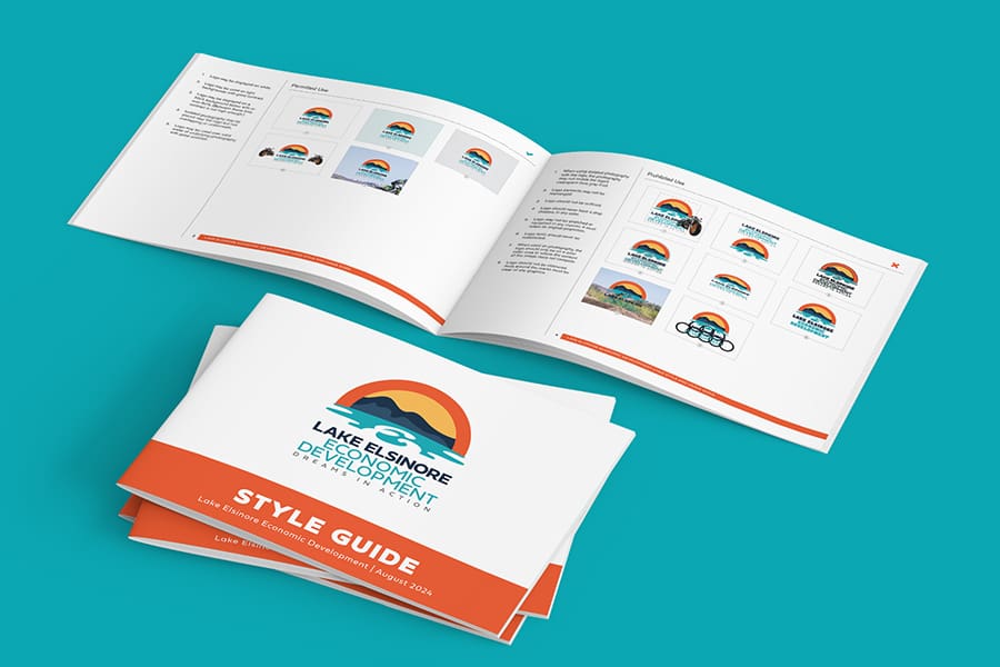 LEED_Portfolio_04 Stacked and open style guides for the Lake Elsinore Economic Development branding are displayed against a teal background.