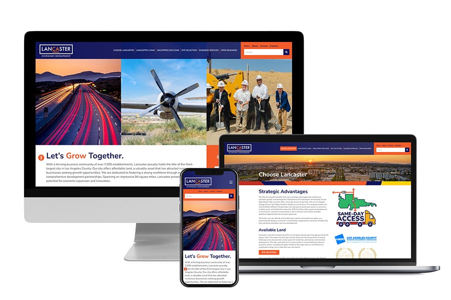 LancasterED_Mockup_TechKit2v3 A website is showcased on a computer, tablet, and smartphone, displaying Lancasters economic development initiatives with images of roads, a propeller, and individuals in hard hats.