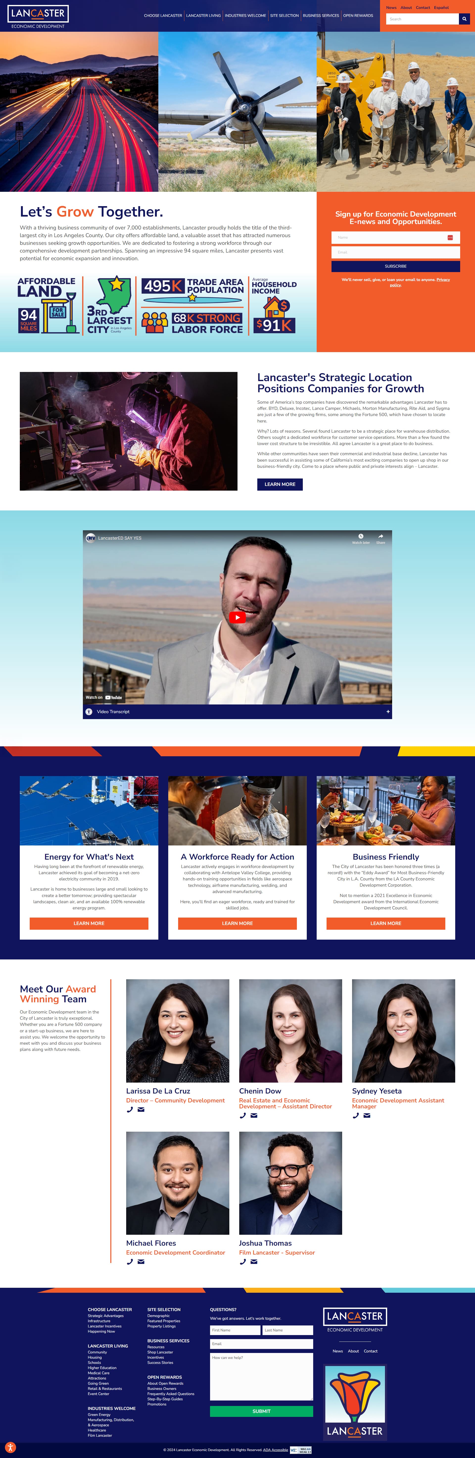 Explore our website featuring sections on economic development, business opportunities, and community outreach. Enjoy images of transportation, infrastructure, and people with a focus on growth and collaboration in Lancaster.