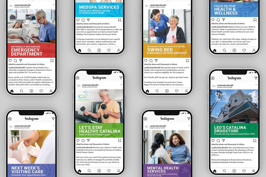CIHealth_CampaignGraphicRedesign_PortfolioMockup_R2_1 A grid of smartphones showcases Instagram posts about medical and wellness services, including emergency care, mental health, and Catalina Island Health as part of 2024 campaigns.