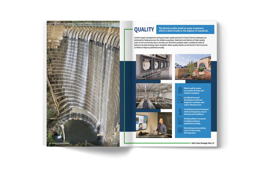 MWD_100yr_Plan_Portfolio_03 Open magazine showcasing a scenic dam with water flowing on the left page, while the right highlights the Montecito Water Districts insights on water quality management in their latest Water Report.