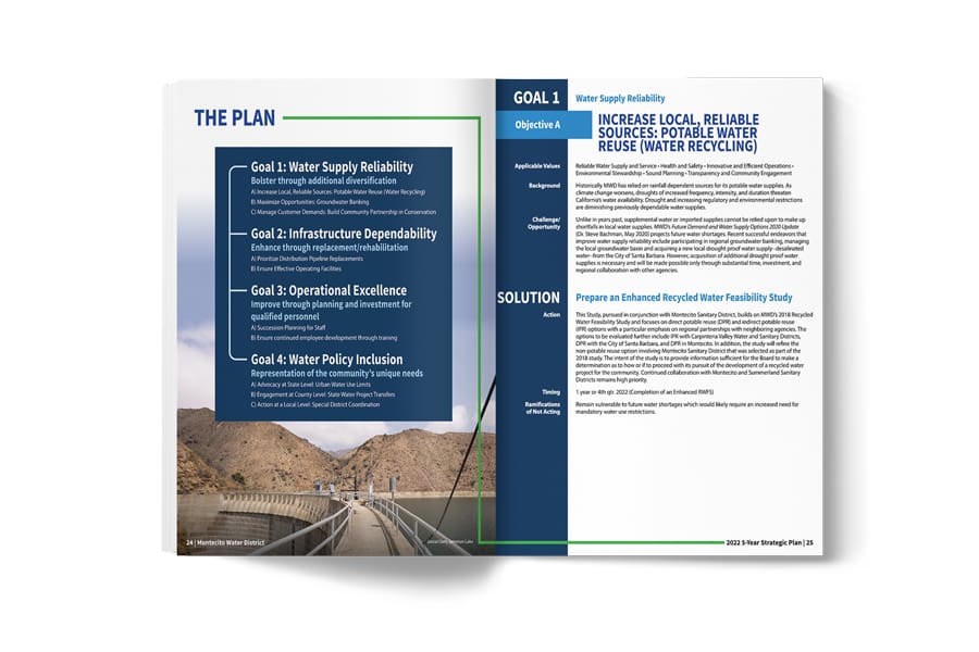 MWD_100yr_Plan_Portfolio_04 Open book displaying a strategic plan with goals for water supply reliability and infrastructure dependability on the left page; details on Montecito Water Districts recycling solutions feature prominently in the Water Report section on the right page.