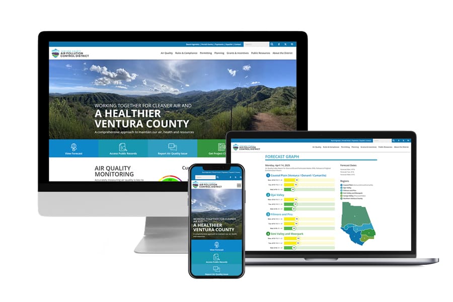 VCAPCD-TechKit-02v2 Desktop computer, laptop, and smartphone display the Ventura County Air Pollution Control District website, featuring air quality information and graphics about local air pollution.