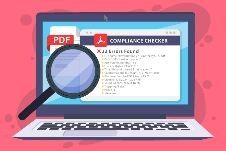 Illustration of a laptop displaying a PDF compliance checker showing 23 errors found, with a magnifying glass highlighting the screen.