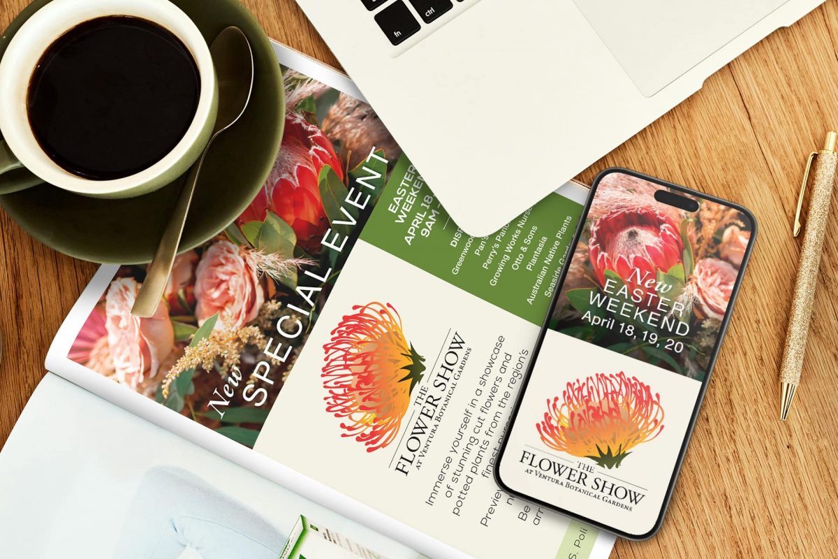 Bold floral event flyer for Easter weekend at Ventura Botanical Gardens on smartphone and paper.