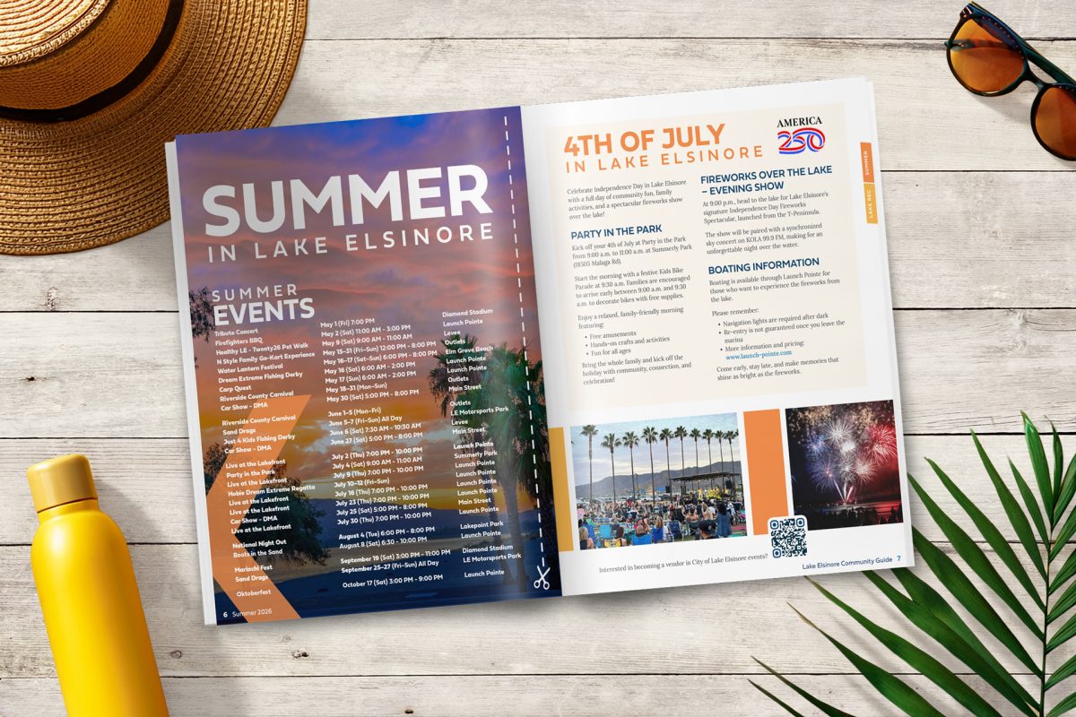 Open summer event guide for Lake Elsinore with fireworks and activities.