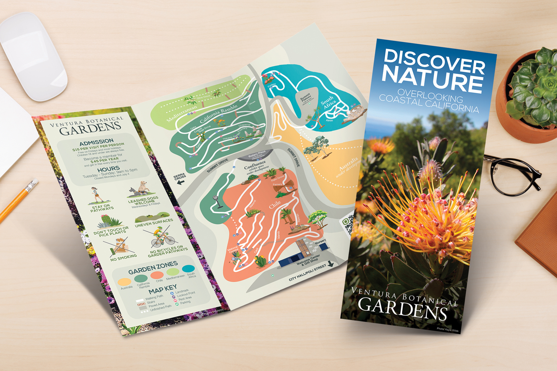 Brochure and map of Ventura Botanical Gardens with plant images and map details.